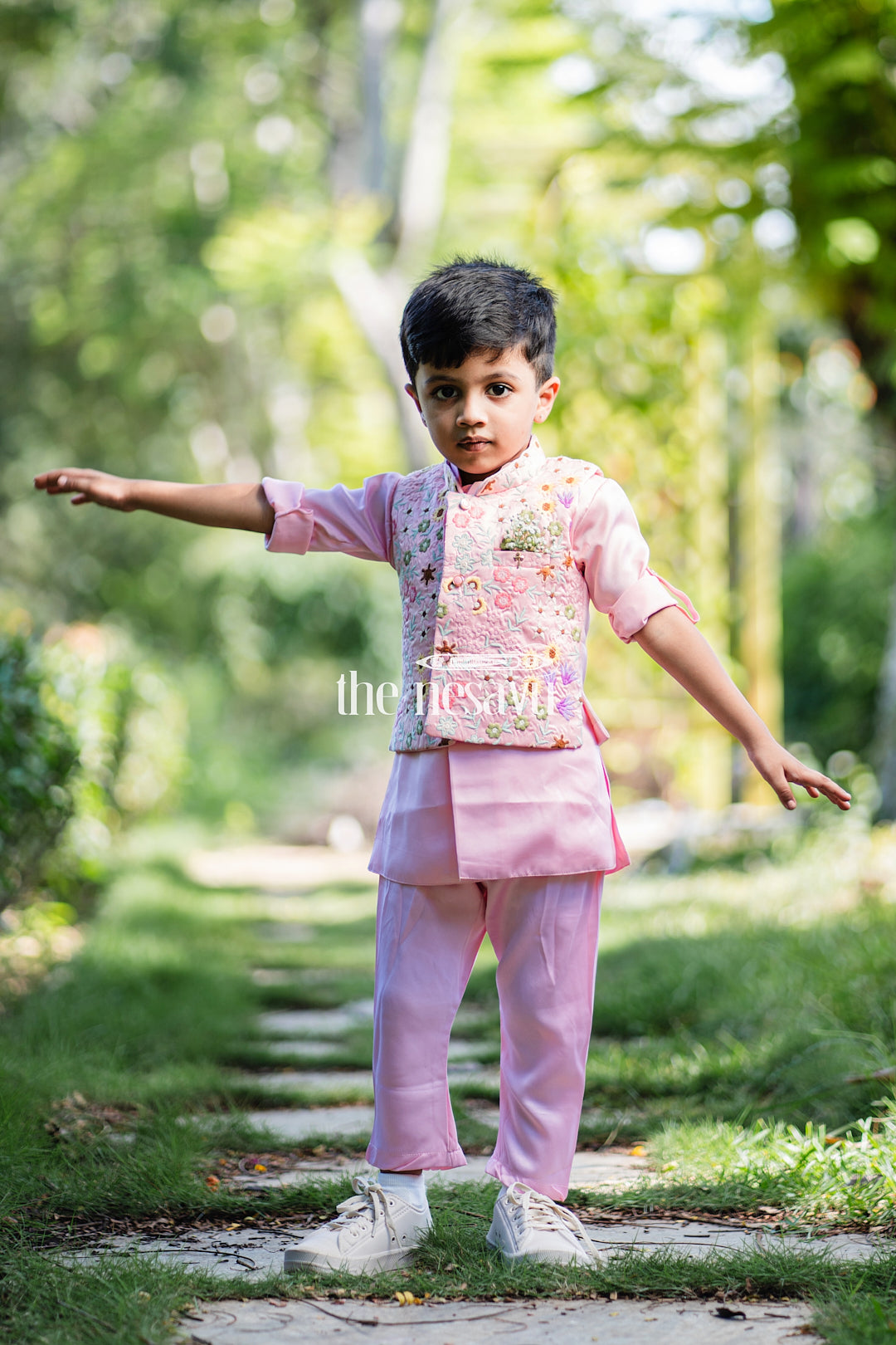 Boys Festive Pink Embroidered Jacket Dhoti Set The Nesavu The Nesavu