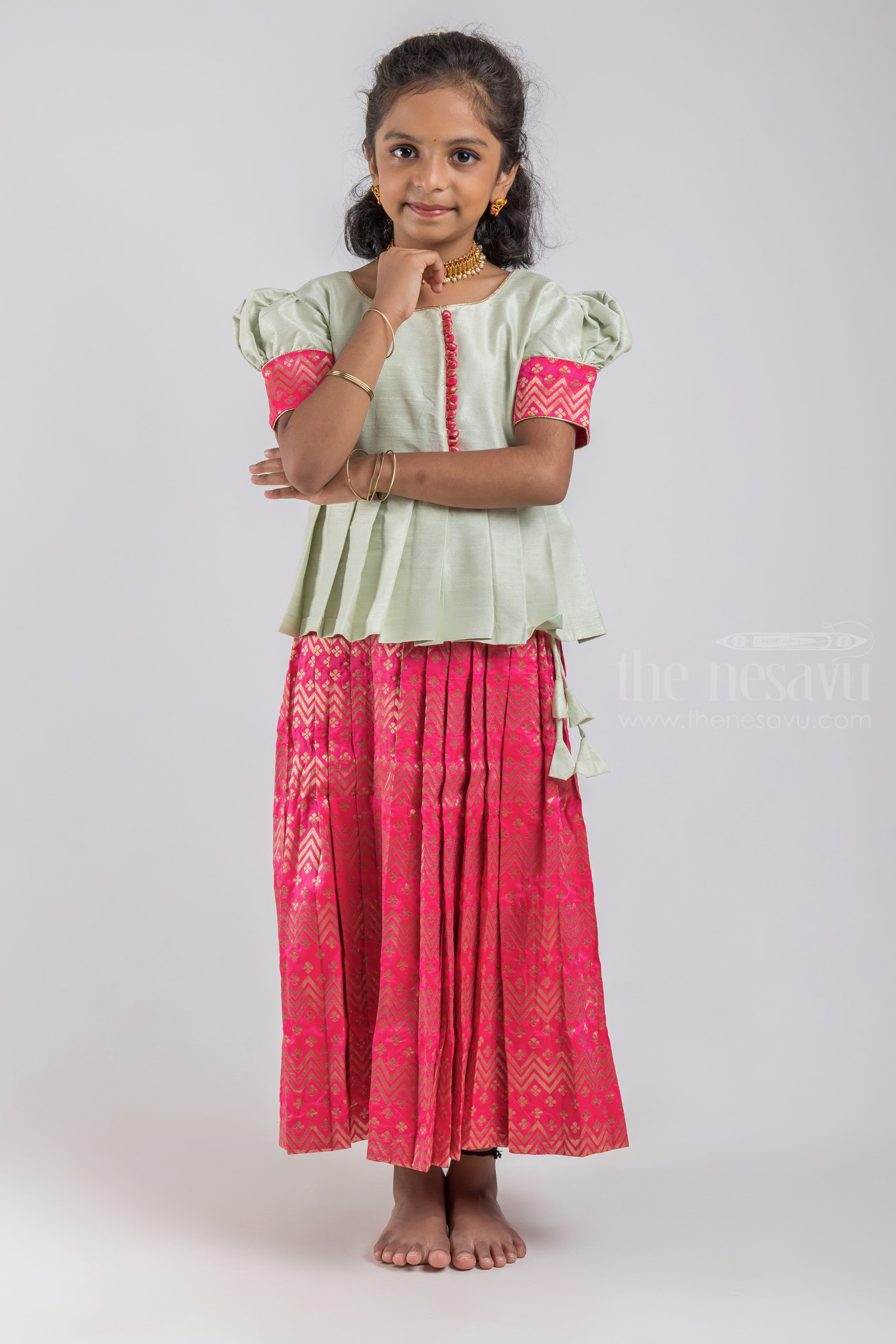 Pink Zig Zag Designer Pattu Pavadai, Green Silk Skirt