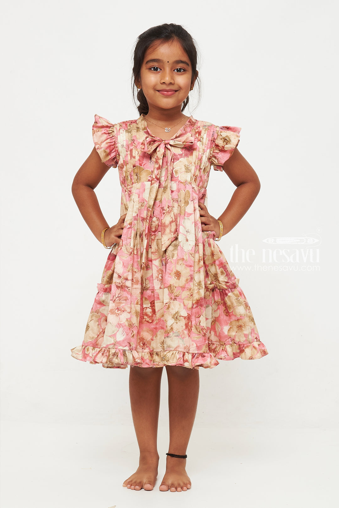 Nesavu Pink Floral Cotton Summer Dress for Girls with Flutter Sleeves The Nesavu