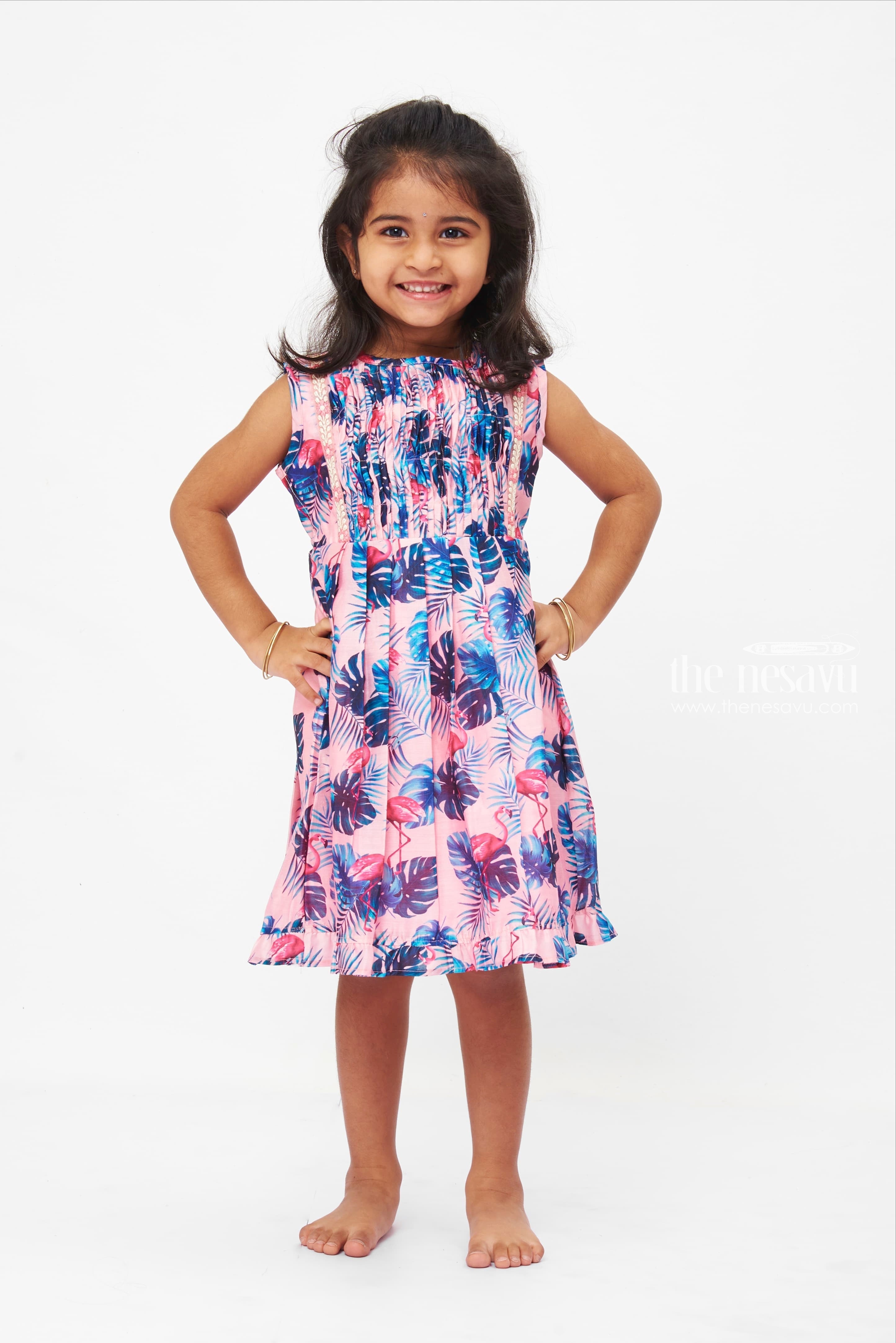 Girls Pink Flamingo Tropical Dress Sleeveless Lace Trim Frock