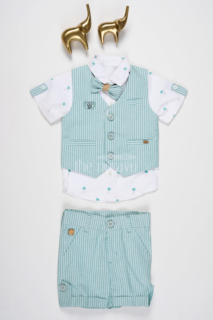 Boys Green and White Striped Vest Set with Bow Tie and Shorts