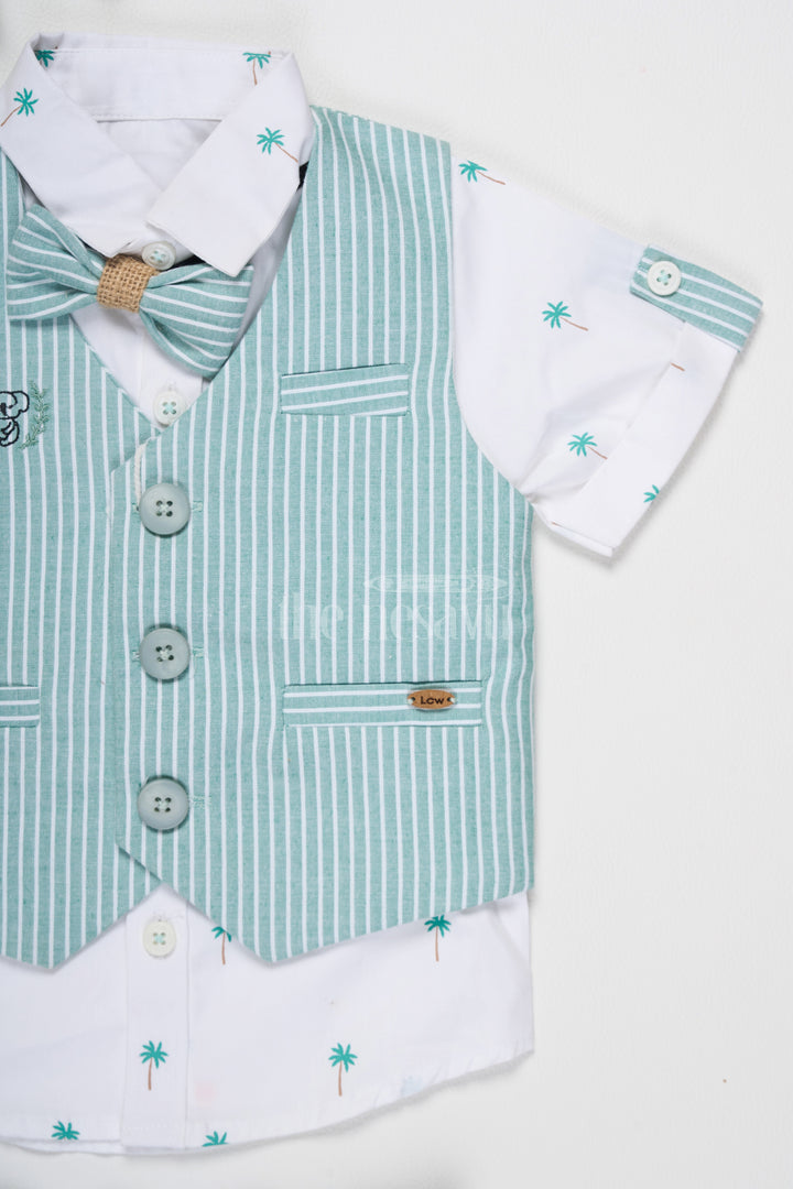 Boys Green and White Striped Vest Set with Bow Tie and Shorts