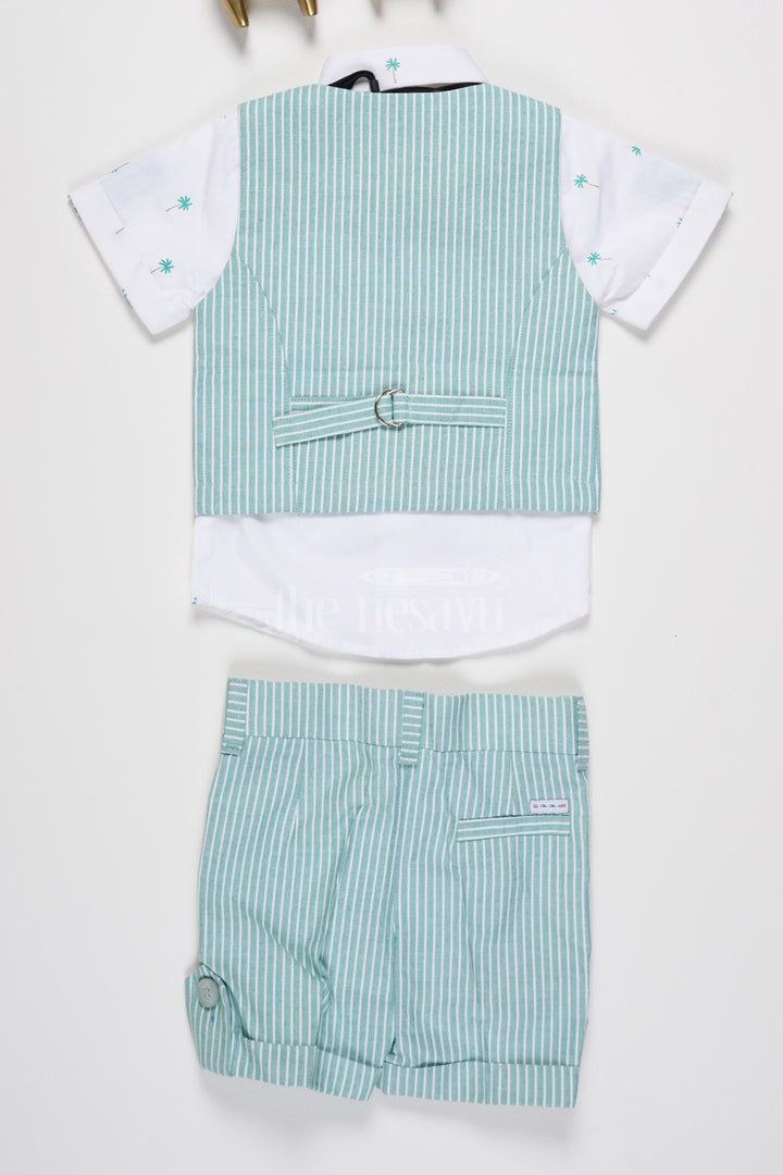 Boys Green and White Striped Vest Set with Bow Tie and Shorts