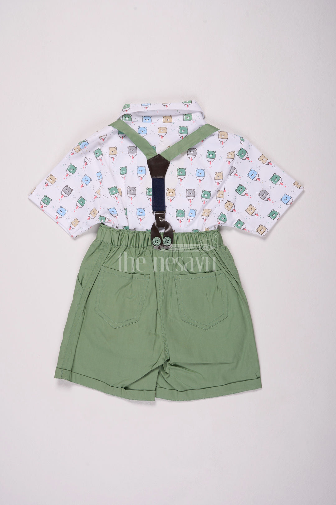 Green Cotton Boys Suspender Set with Cartoon Print Shirt