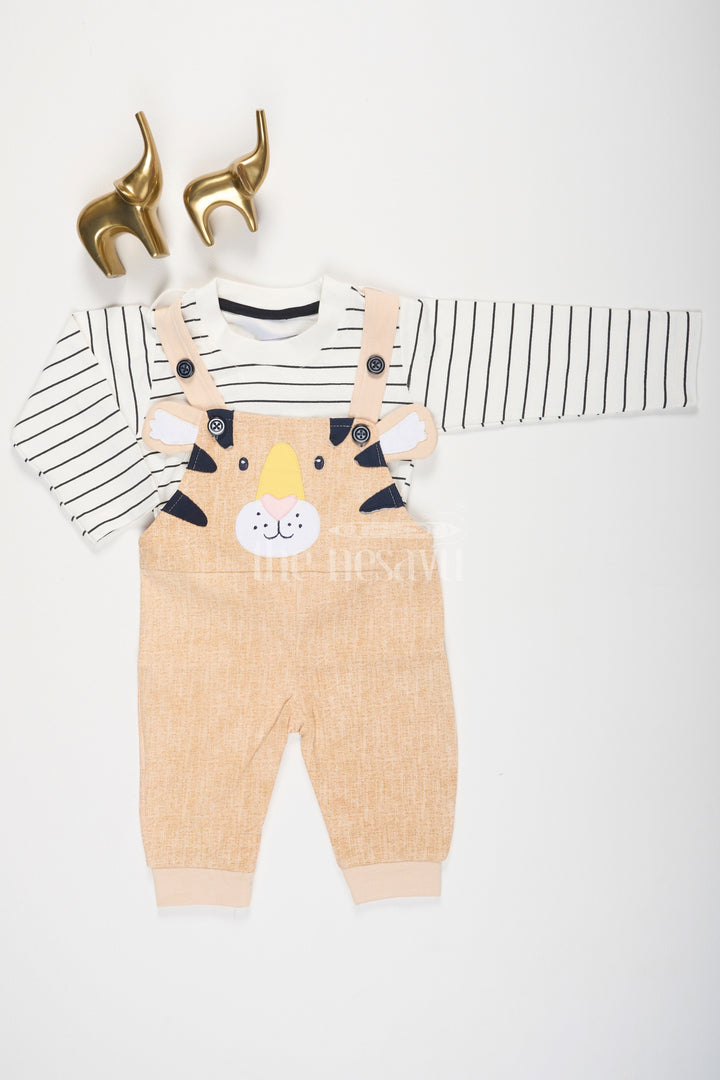 Beige Striped Cotton Baby Dungarees with Playful Animal Face for Boys