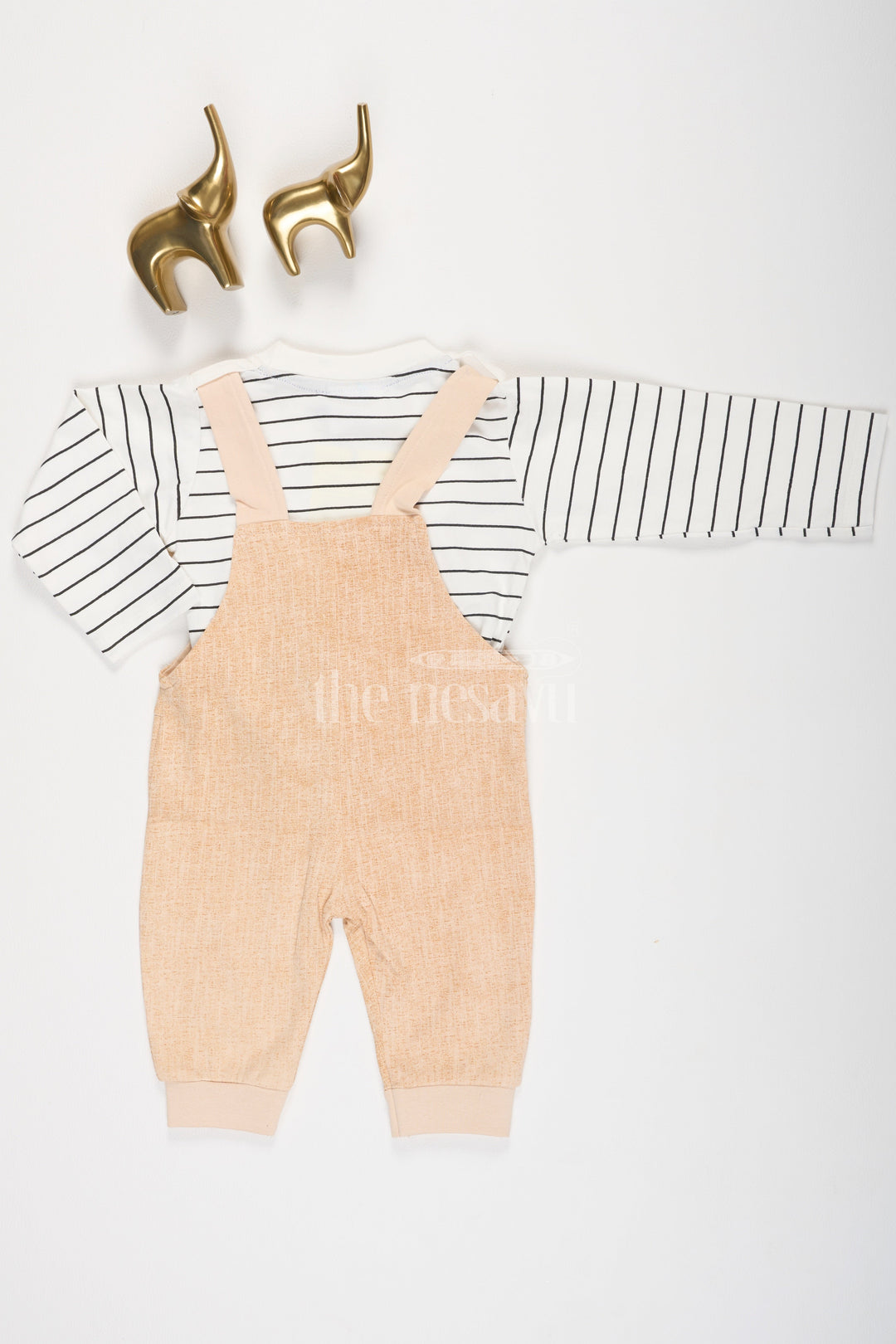 Beige Striped Cotton Baby Dungarees with Playful Animal Face for Boys