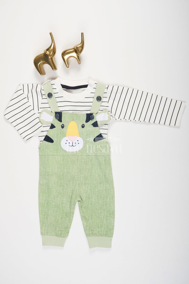 Green Cotton Baby Dungarees with Adorable Animal Face and Striped Top for Boys