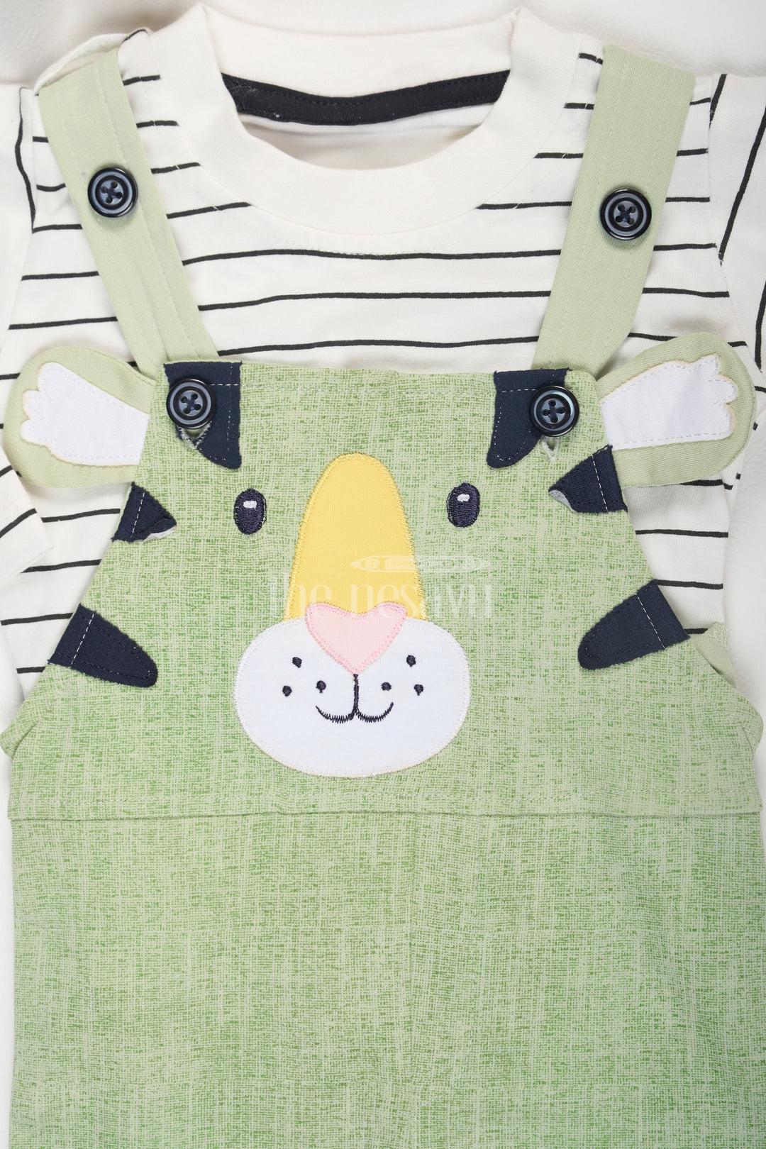 Green Cotton Baby Dungarees with Adorable Animal Face and Striped Top for Boys