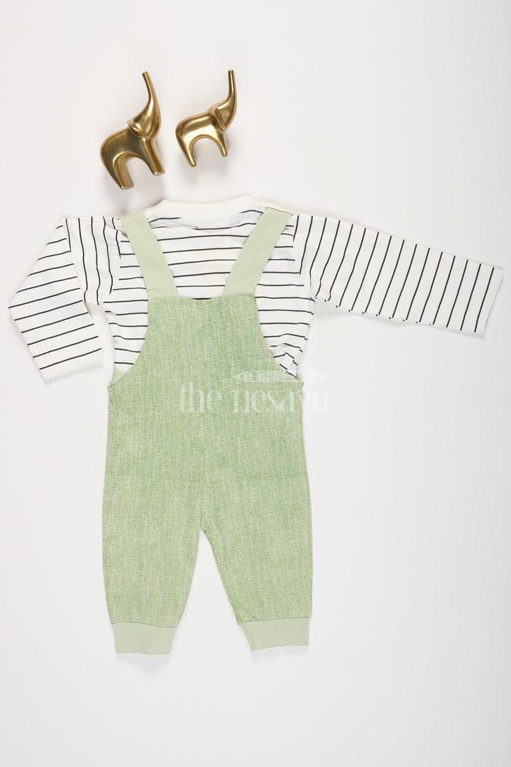 Green Cotton Baby Dungarees with Adorable Animal Face and Striped Top for Boys