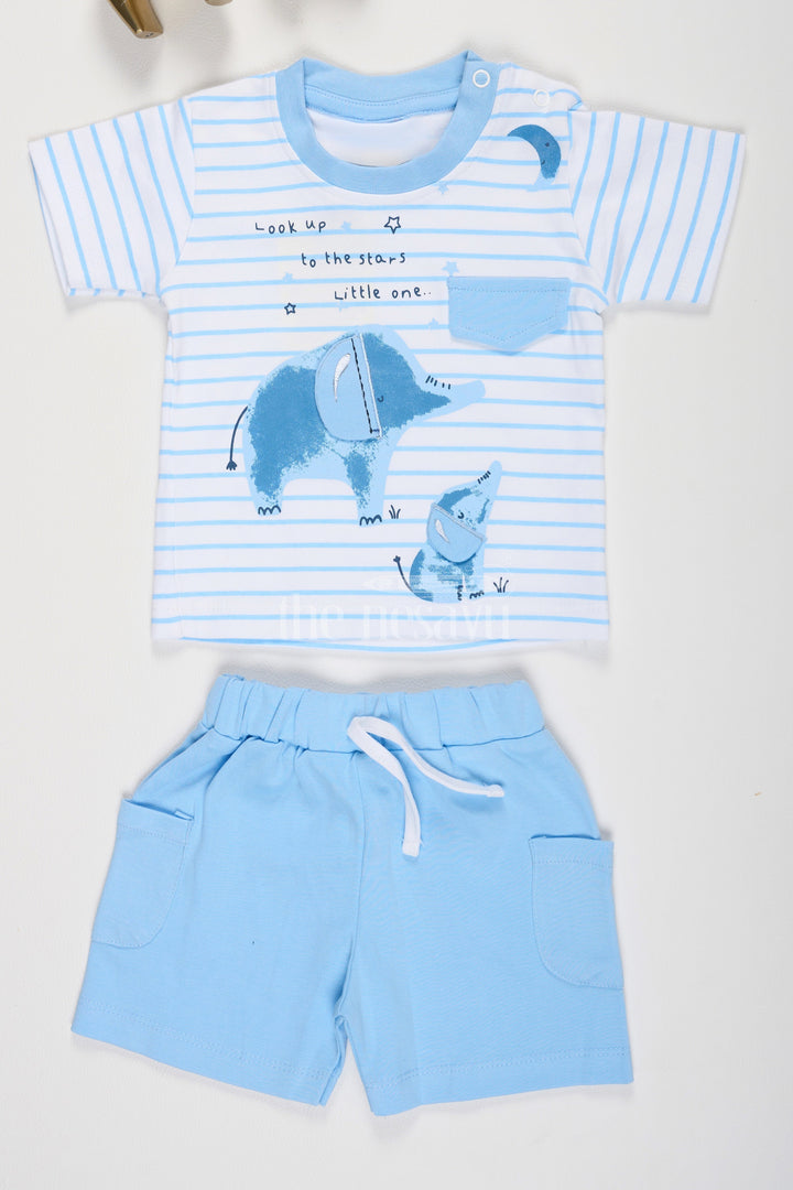 Blue Cotton Baby T-Shirt and Shorts Set with Elephant Graphic for Boys