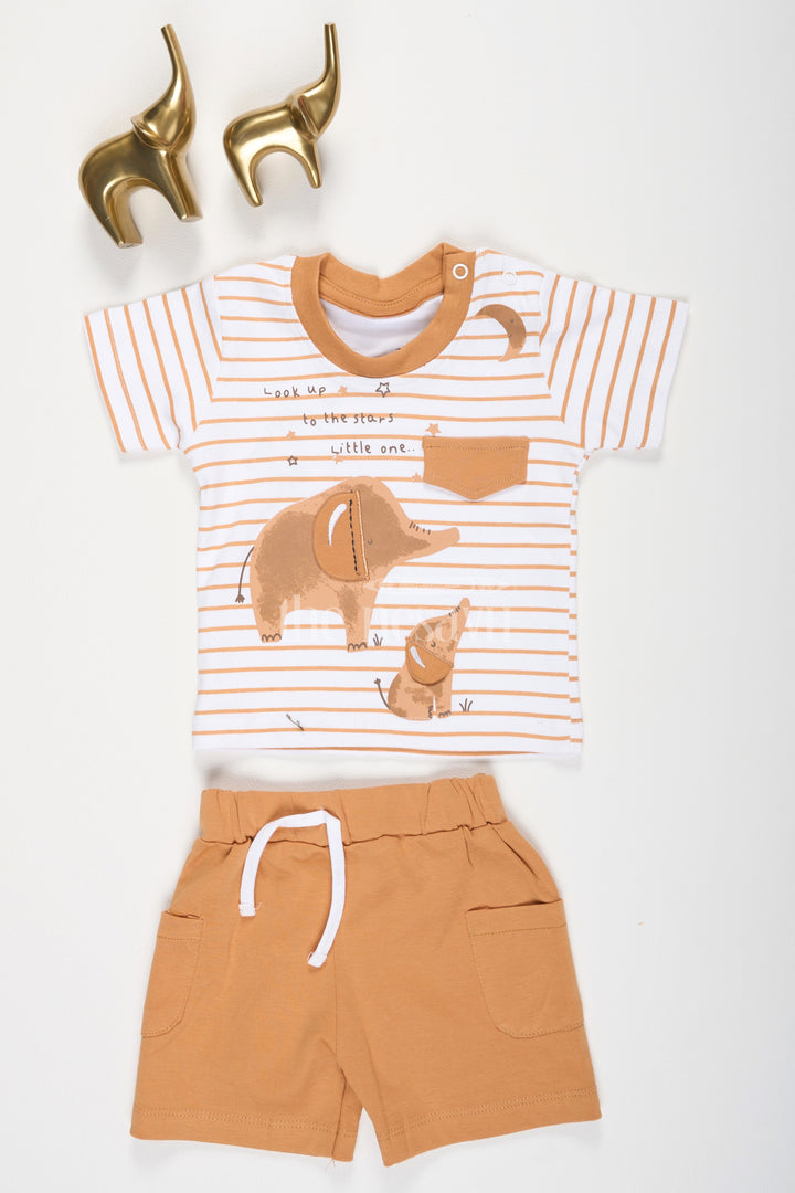 Brown Cotton T-Shirt and Shorts Baby Set with Elephant Print for Boys