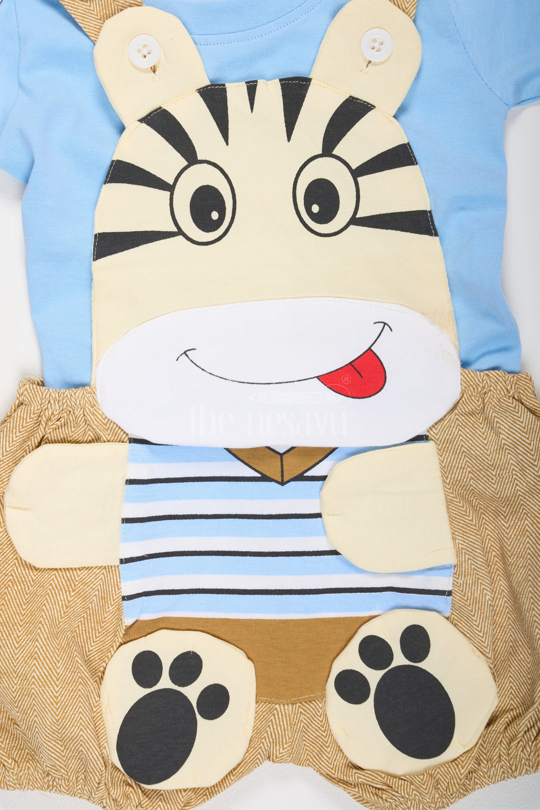 Light Blue Baby Dungaree Set with Fun Zebra Face Design for Boys