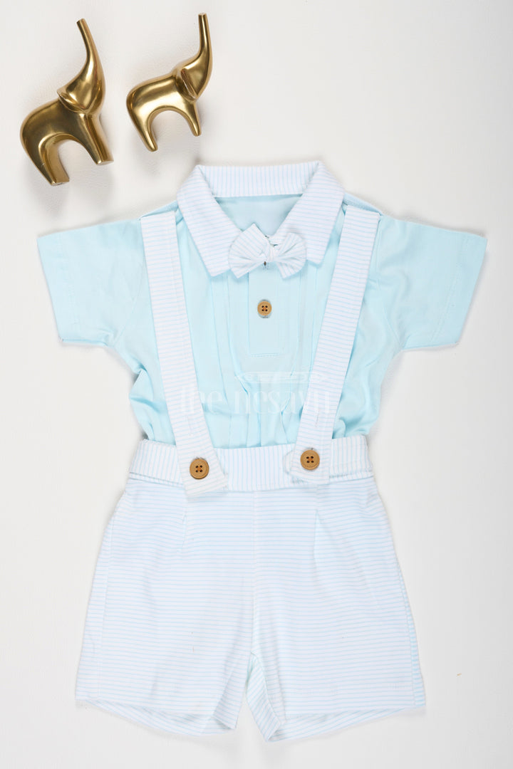 Light Blue Baby Suspender Set with Bow Tie and Striped Shorts for Boys