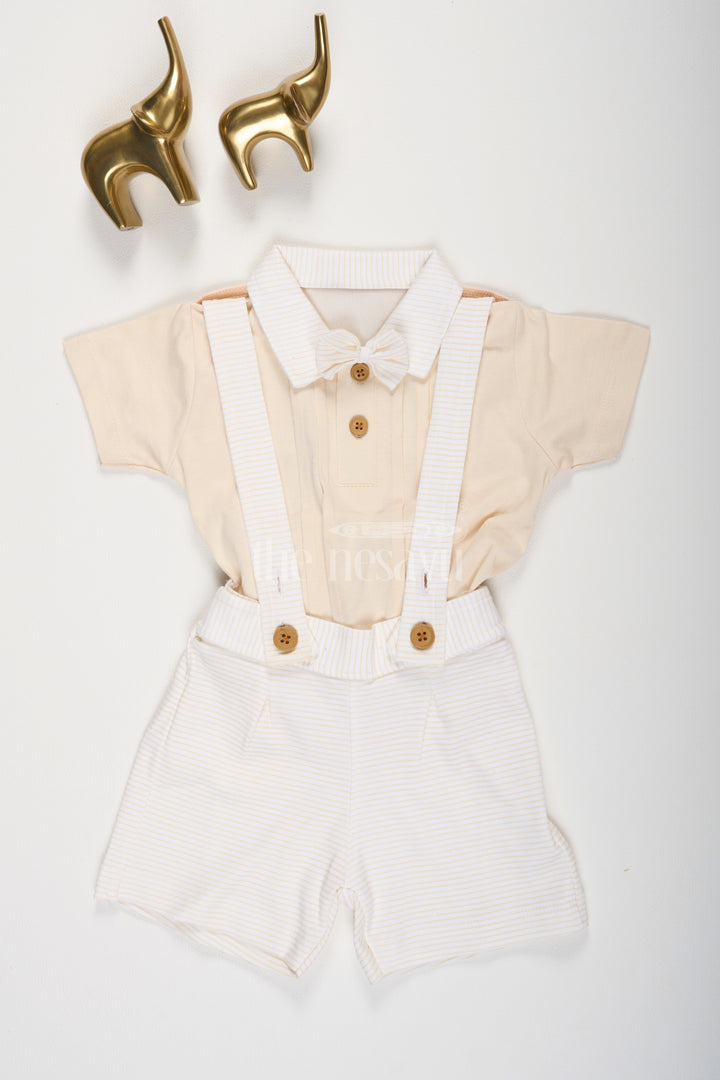 Beige Baby Suspender Set with Bow Tie and Matching Striped Shorts for Boys