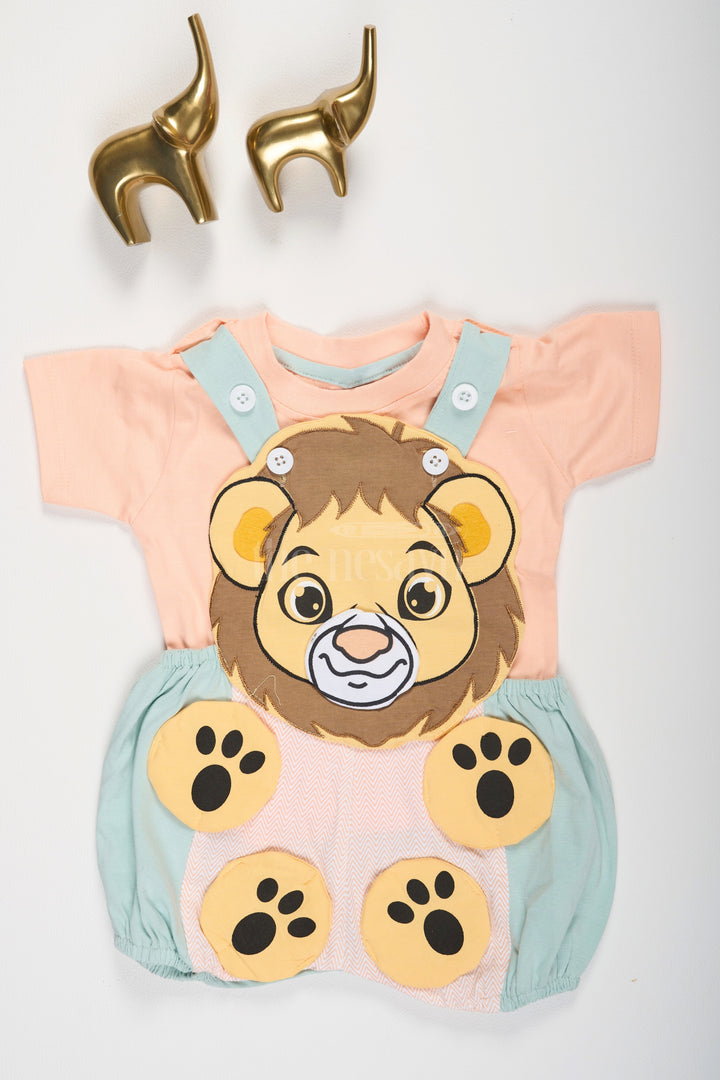 Peach Baby Dungaree Set with Lion Face Design for Boys