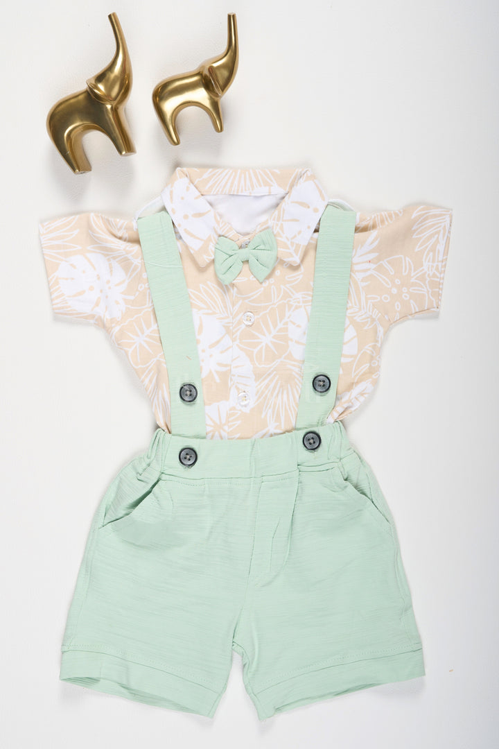 Mint Green Baby Suspender Set with Tropical Leaf Print Shirt for Boys