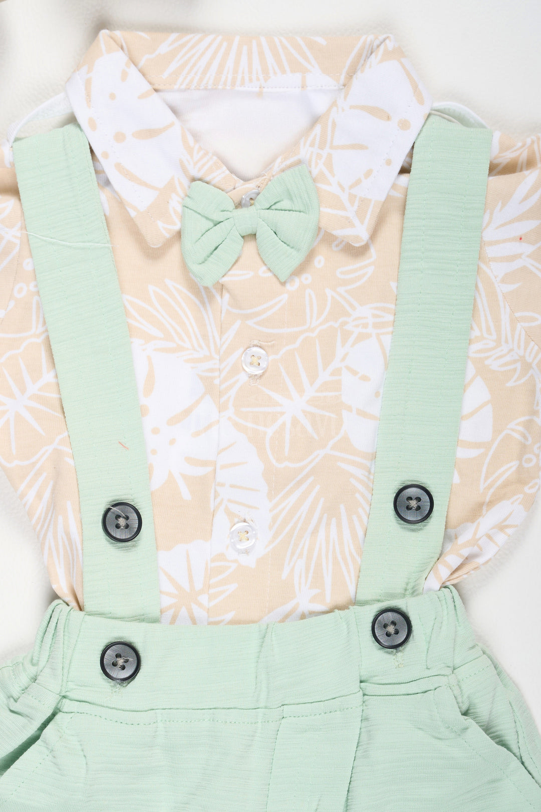 Mint Green Baby Suspender Set with Tropical Leaf Print Shirt for Boys