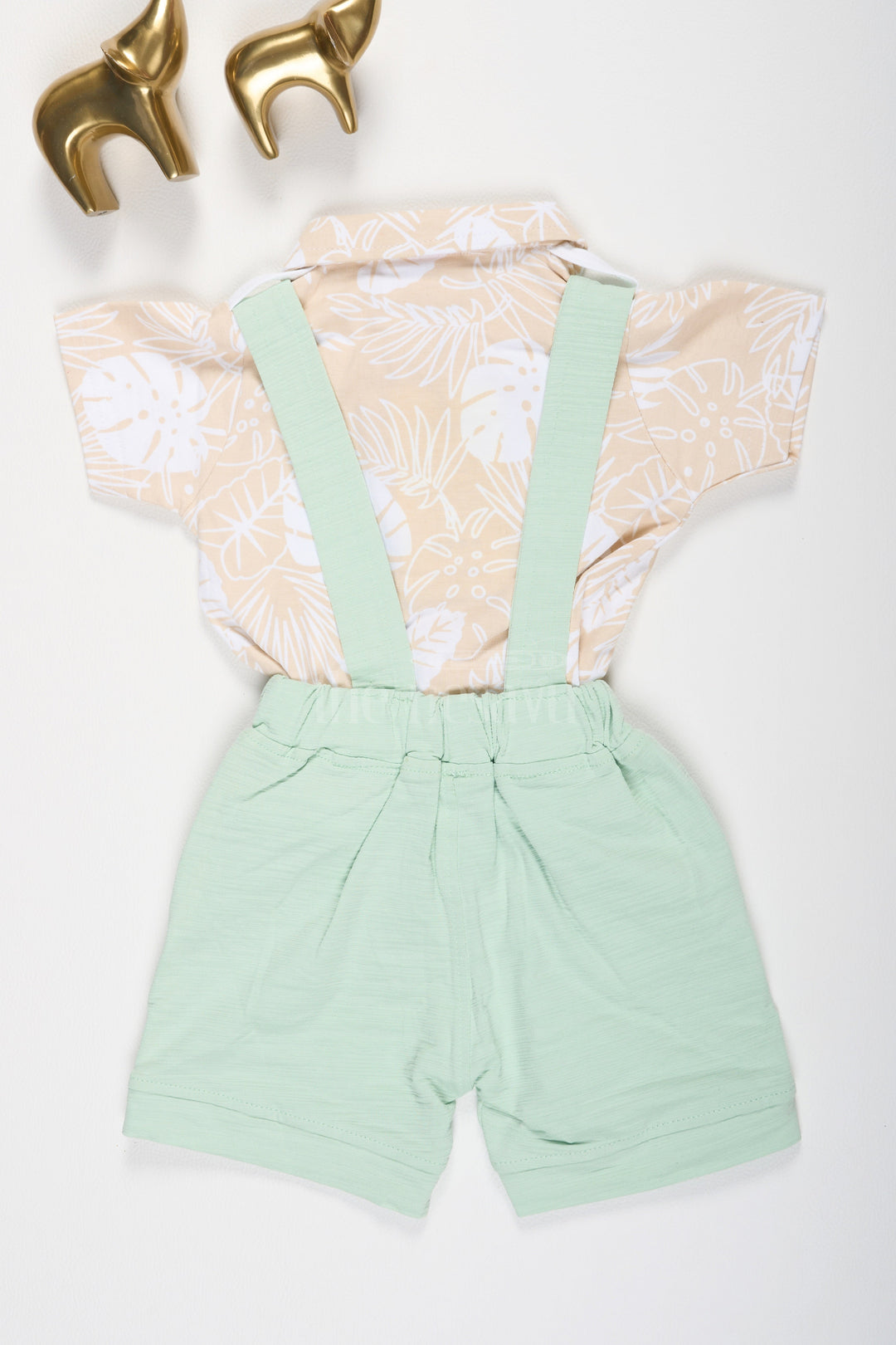 Mint Green Baby Suspender Set with Tropical Leaf Print Shirt for Boys