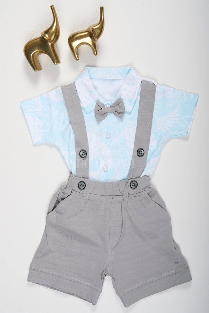 Blue Baby Suspender Set with Tropical Leaf Print Shirt and Bow Tie for Boys