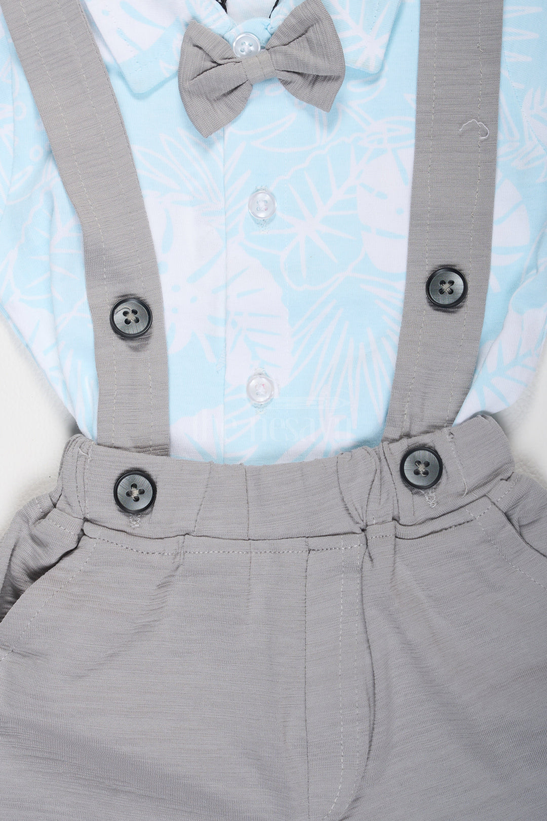 Blue Baby Suspender Set with Tropical Leaf Print Shirt and Bow Tie for Boys