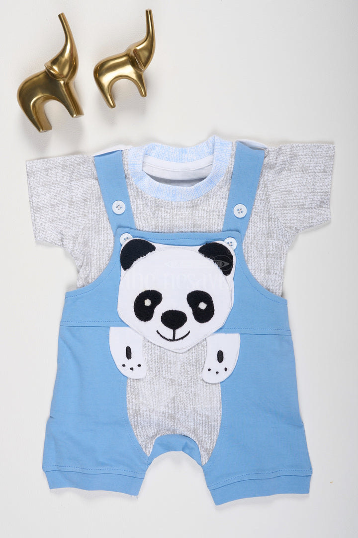 Blue Baby Dungarees with Panda Face and Heathered T-Shirt for Boys