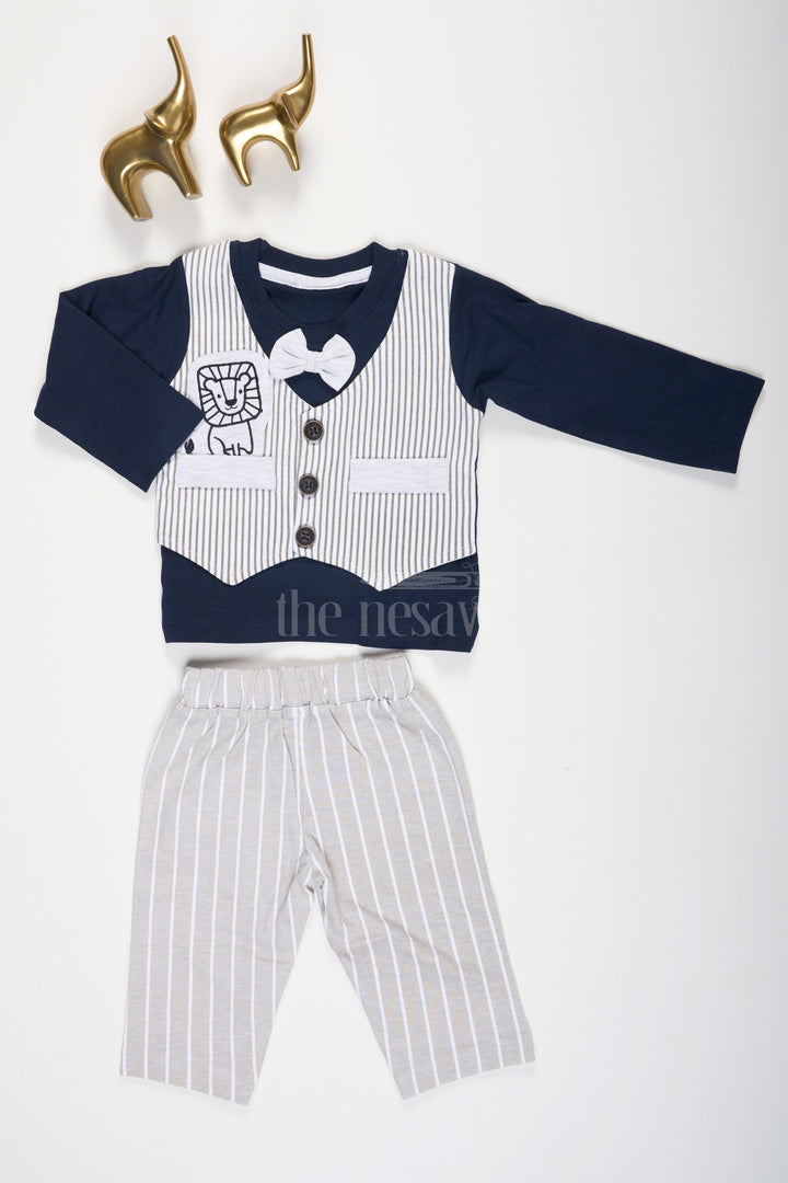 Black and Gray Baby Casual Set with Striped Vest and Lion Patch for Boys