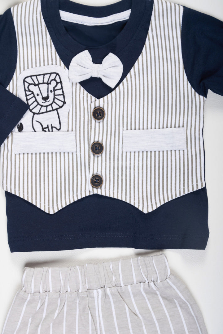 Black and Gray Baby Casual Set with Striped Vest and Lion Patch for Boys