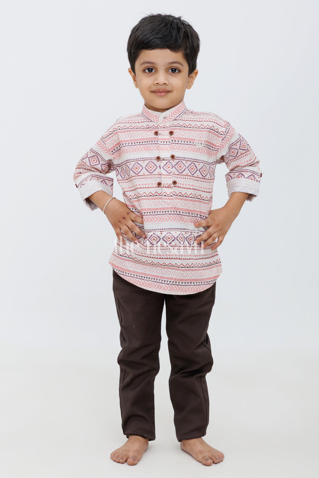 Boys Multicolor Kurta Style Shirt with Black Slim-Fit Pants - Trendy Festive Set