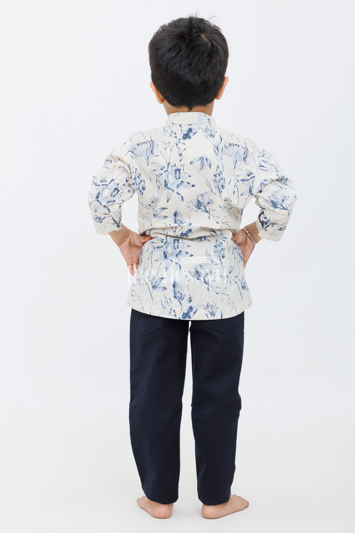 Boys Blue Floral Print Shirt with Black Slim-Fit Trousers - Elegant Casual Outfit