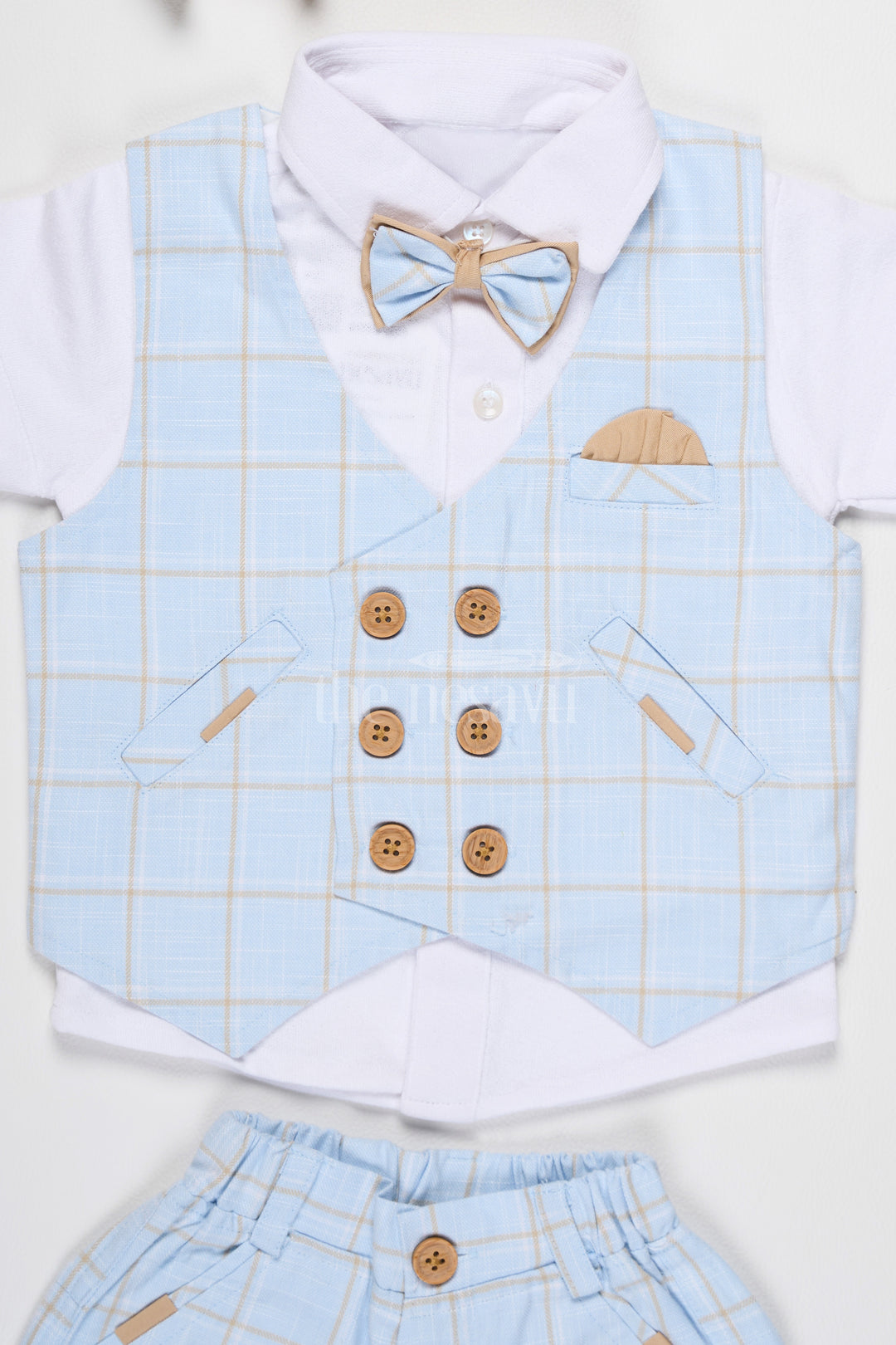 Boys Blue Plaid Vest Set with Short Sleeves and Bow Tie for Special Gatherings