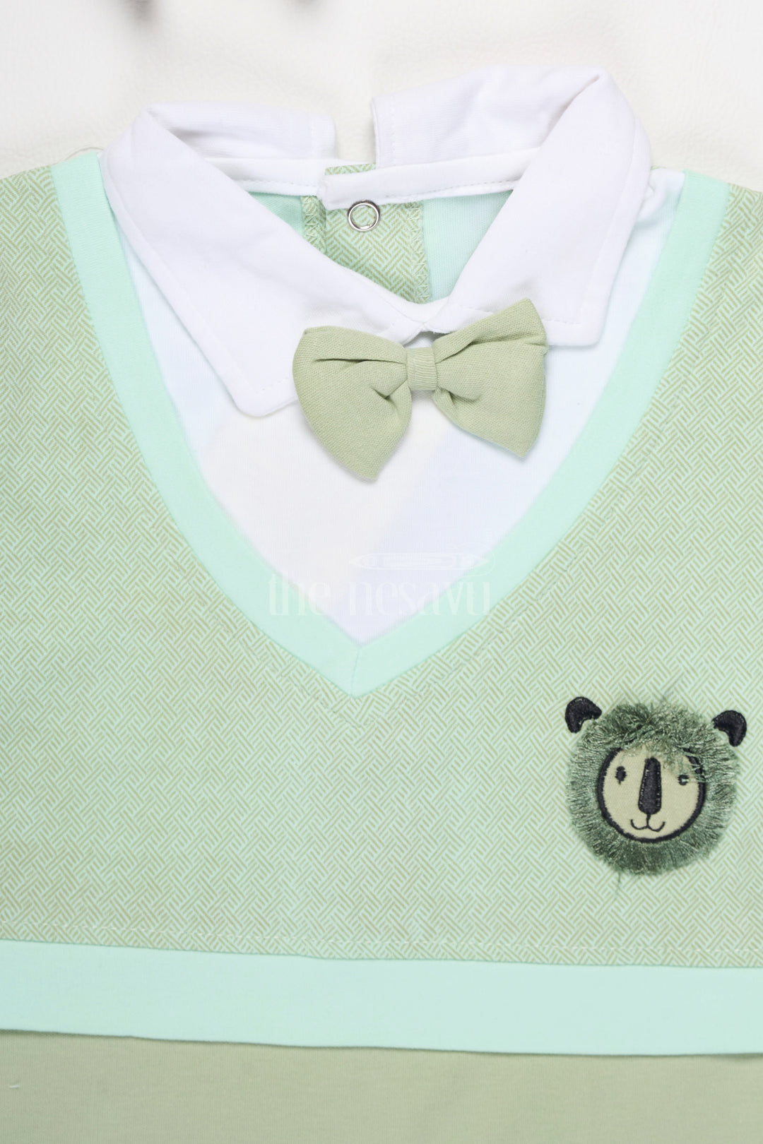 Boys Olive Green Baby Romper with Panda Applique and Bow Tie for Casual Outings