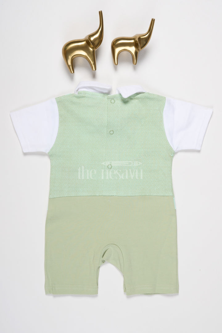 Boys Olive Green Baby Romper with Panda Applique and Bow Tie for Casual Outings