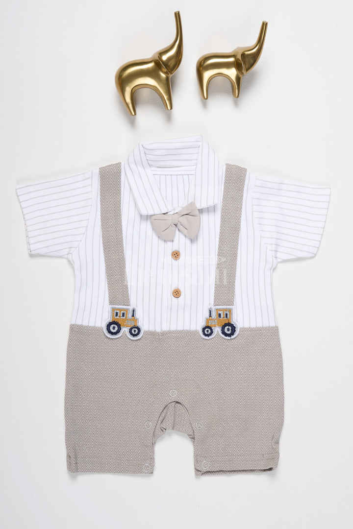 Boys Beige Romper with Striped Shirt and Adorable Train Applique for Formal Occasions