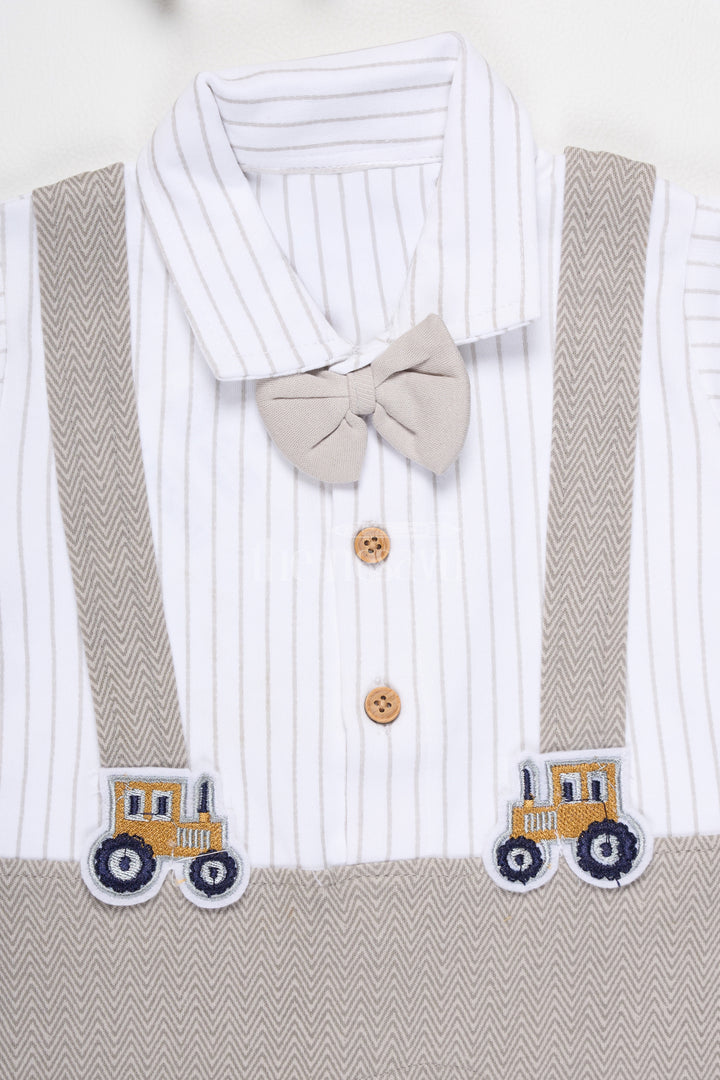 Boys Beige Romper with Striped Shirt and Adorable Train Applique for Formal Occasions