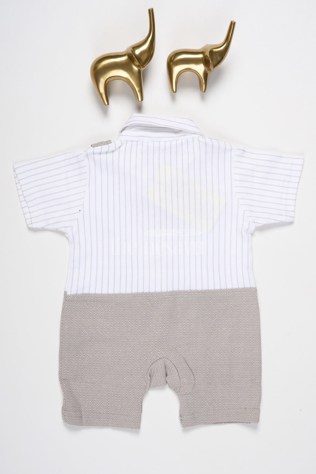 Boys Beige Romper with Striped Shirt and Adorable Train Applique for Formal Occasions