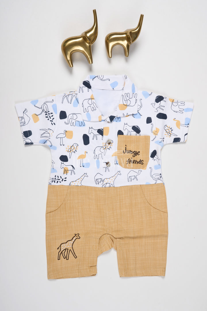 Boys Jungle Animal Print Romper with Giraffe Embroidery in Earthy Shades for Playdates