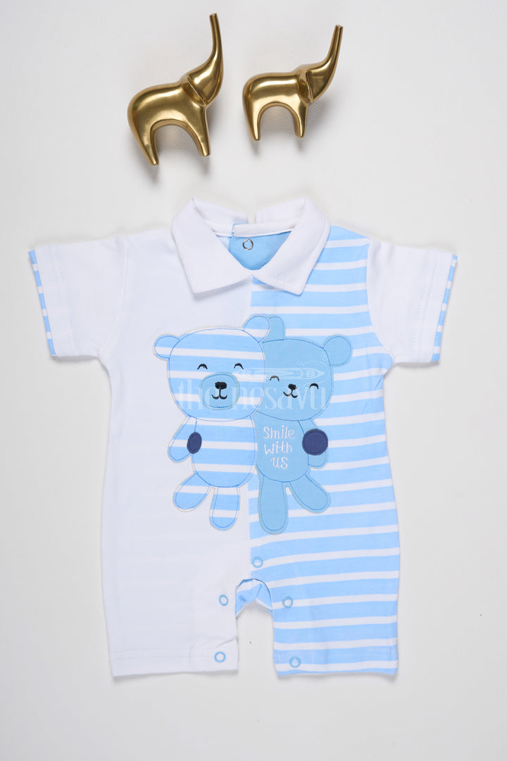 Boys Blue Striped Romper with Teddy Bear Appliques and Snap Buttons for Easy Wear