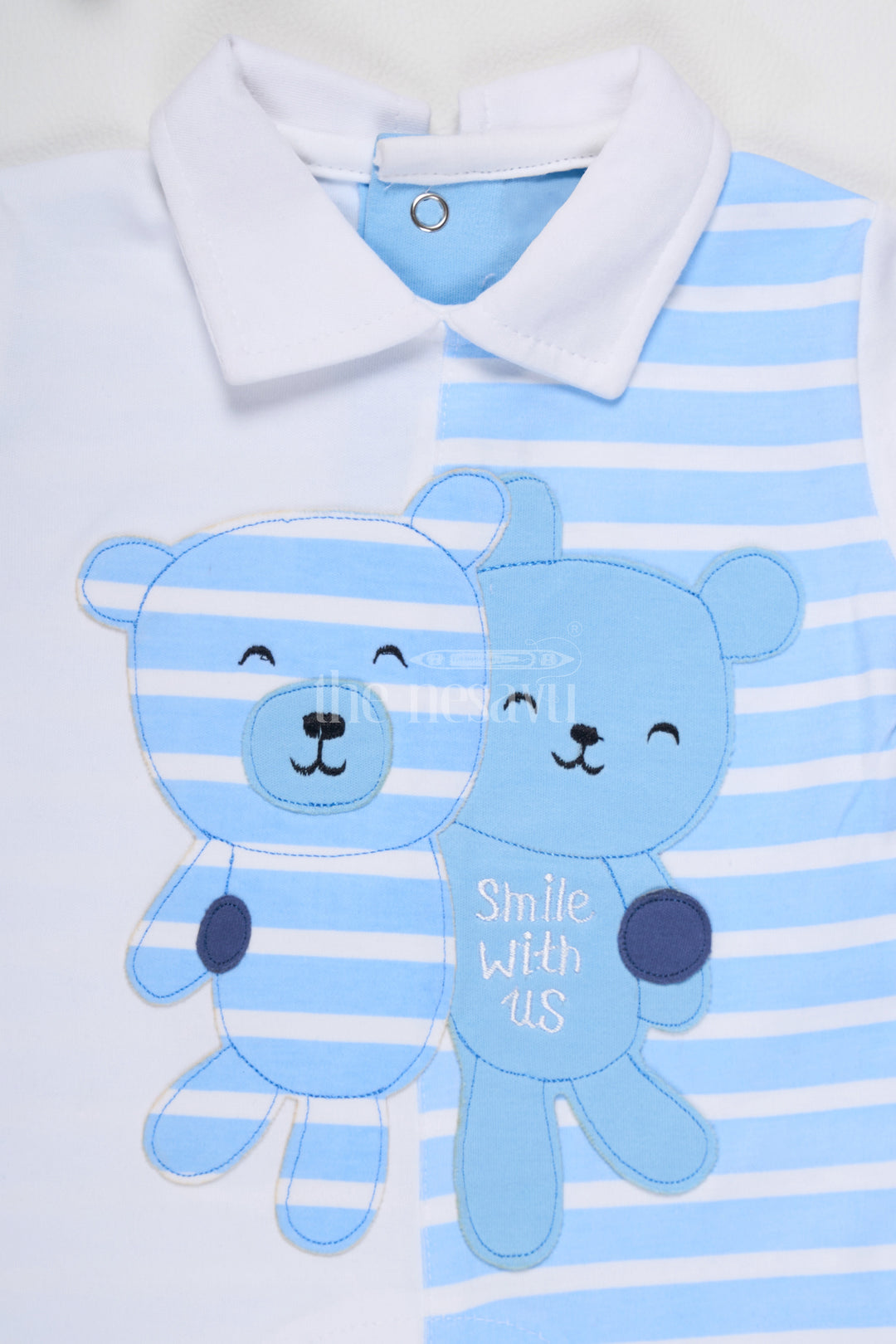 Boys Blue Striped Romper with Teddy Bear Appliques and Snap Buttons for Easy Wear