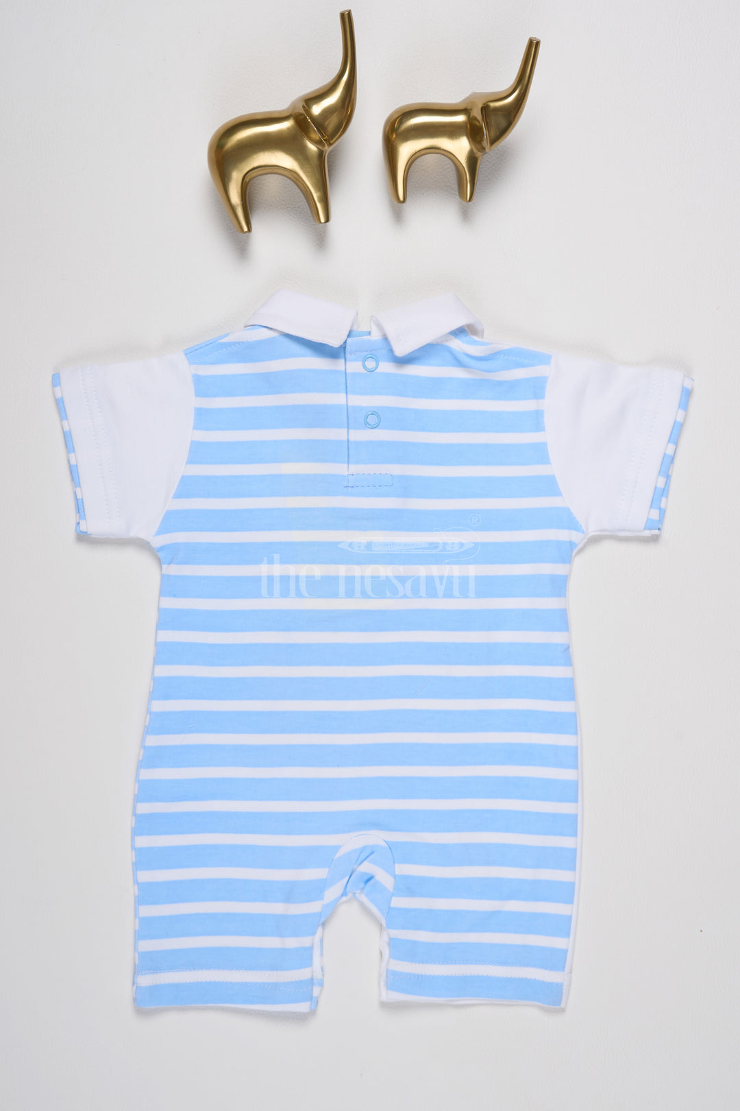 Boys Blue Striped Romper with Teddy Bear Appliques and Snap Buttons for Easy Wear