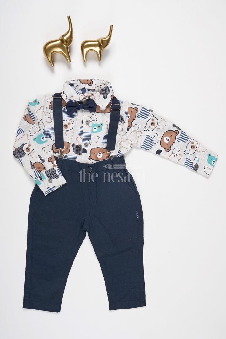 Boys Casual Set with Animal Print Shirt, Suspenders, and Black Trousers for Dapper Style