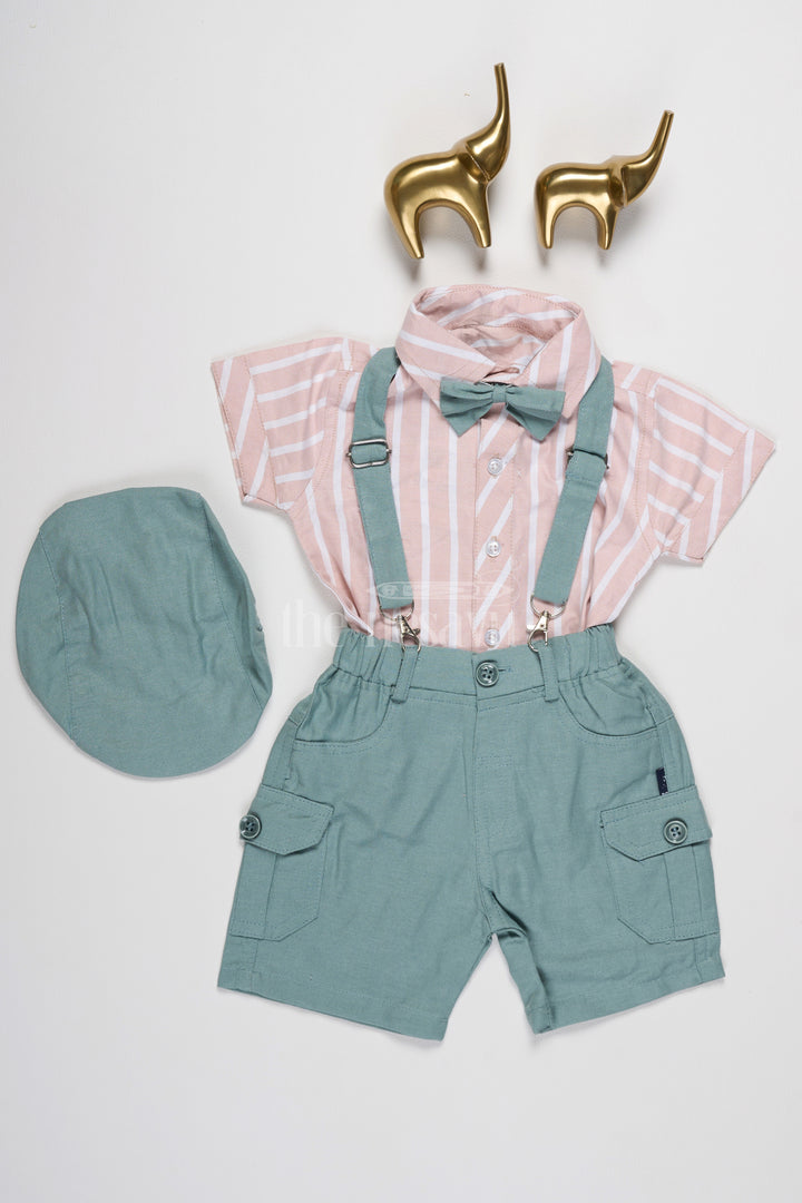 Boys Striped Shirt and Soft Green Suspenders Two-Piece Set with Matching Shorts