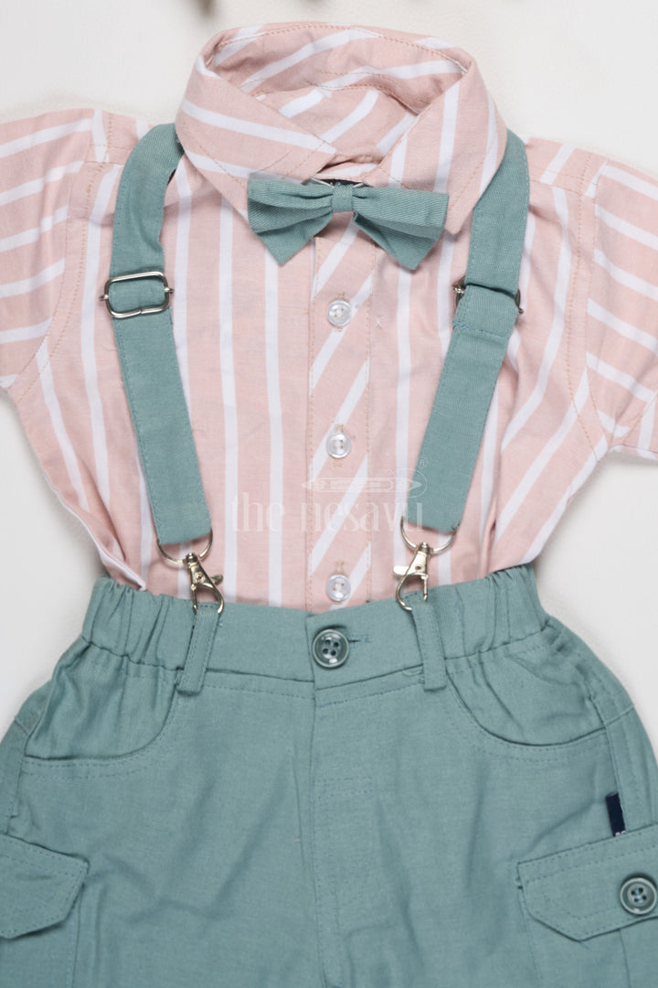 Boys Striped Shirt and Soft Green Suspenders Two-Piece Set with Matching Shorts