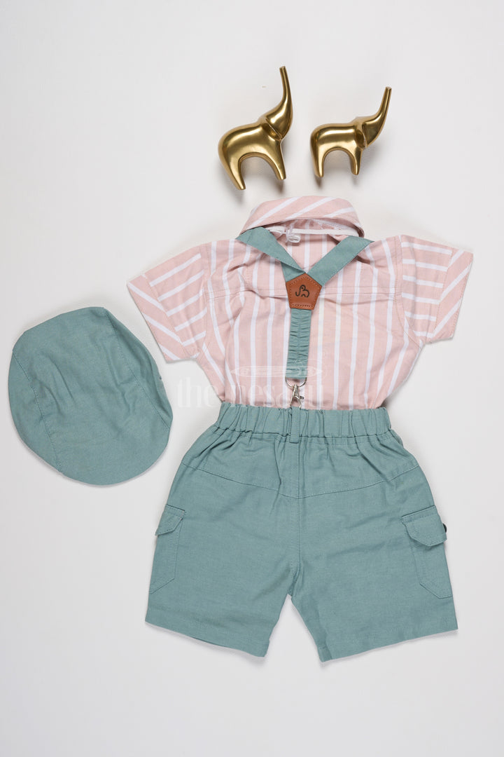 Boys Striped Shirt and Soft Green Suspenders Two-Piece Set with Matching Shorts