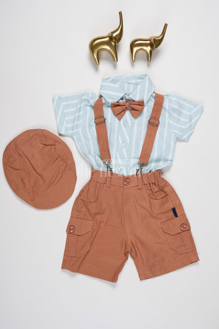 Boys Linen Co-Ord Set with Green Striped Shirt, Brown Suspenders, and Coordinated Shorts