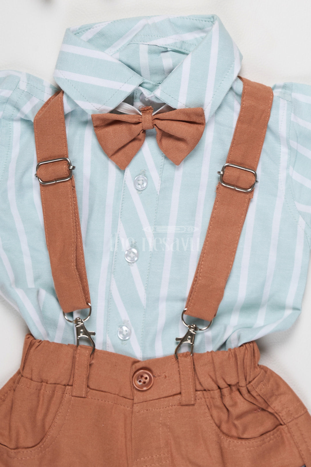 Boys Linen Co-Ord Set with Green Striped Shirt, Brown Suspenders, and Coordinated Shorts