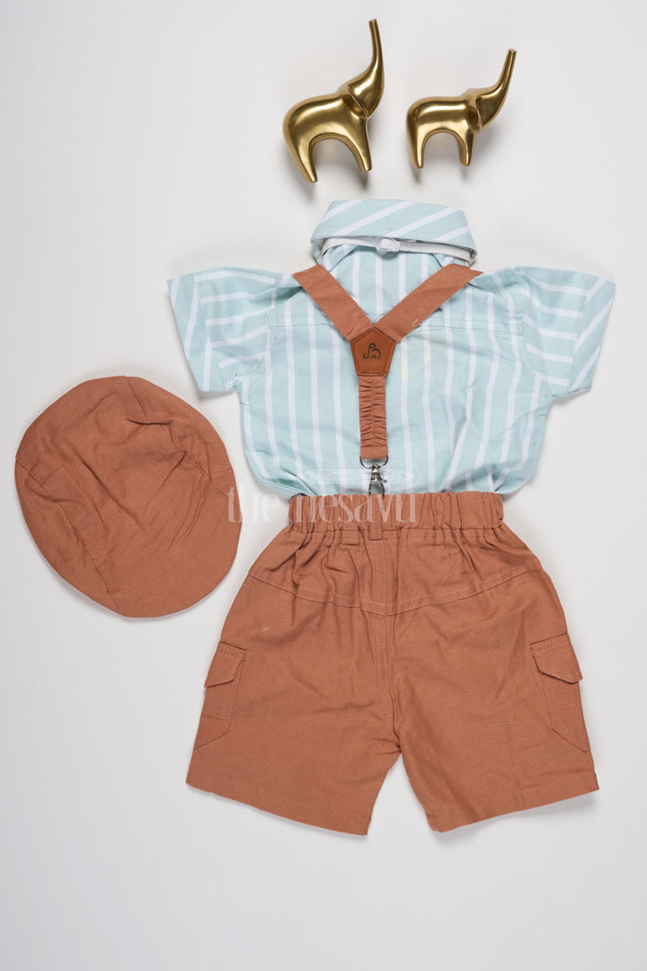 Boys Linen Co-Ord Set with Green Striped Shirt, Brown Suspenders, and Coordinated Shorts