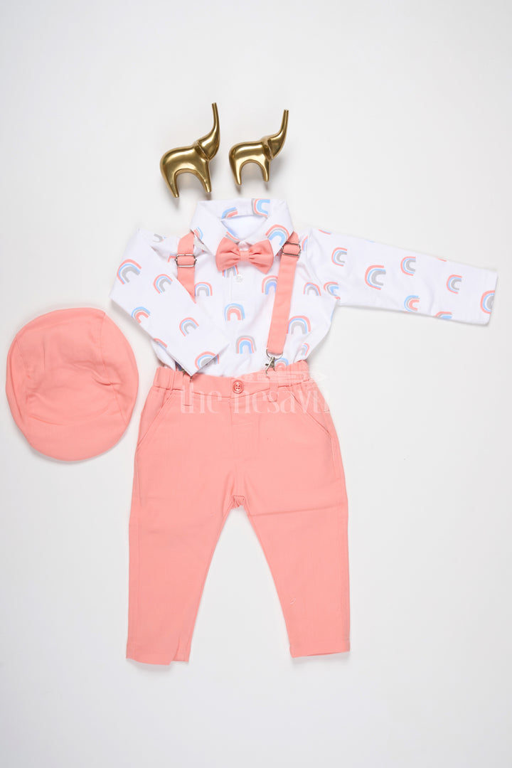 Boys Pink Trousers with Rainbow Print Shirt and Suspenders for Playful Semi-Formal Look