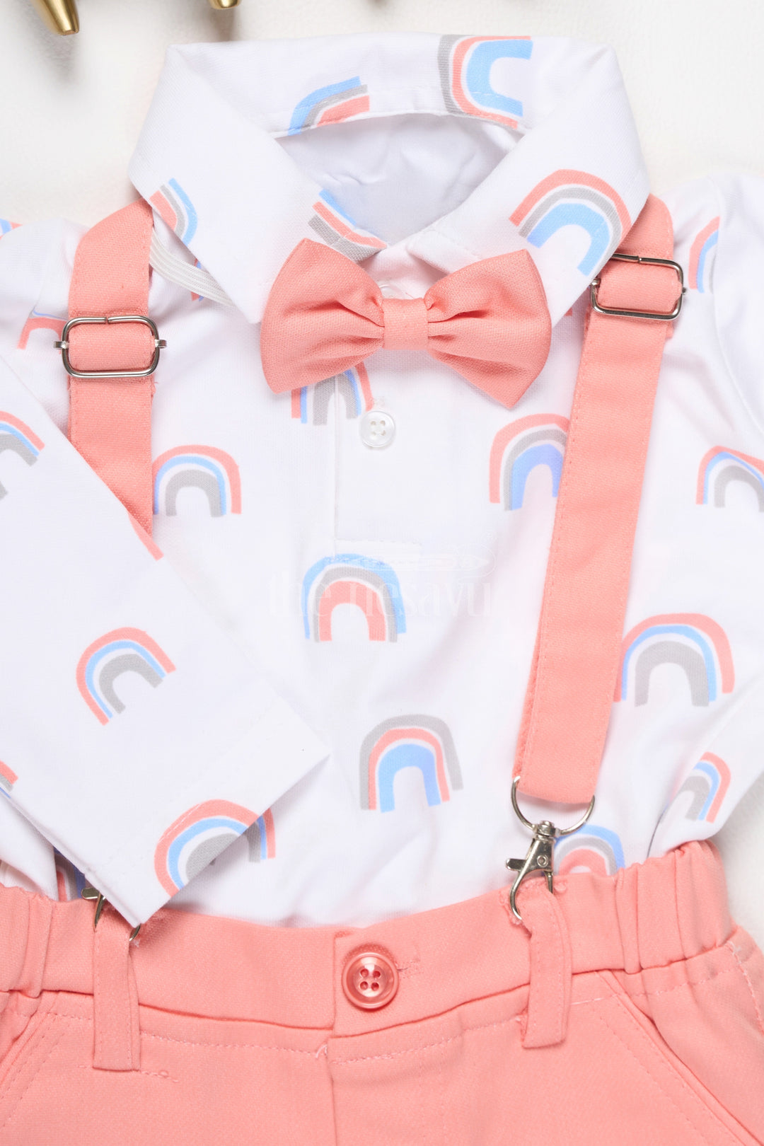 Boys Pink Trousers with Rainbow Print Shirt and Suspenders for Playful Semi-Formal Look