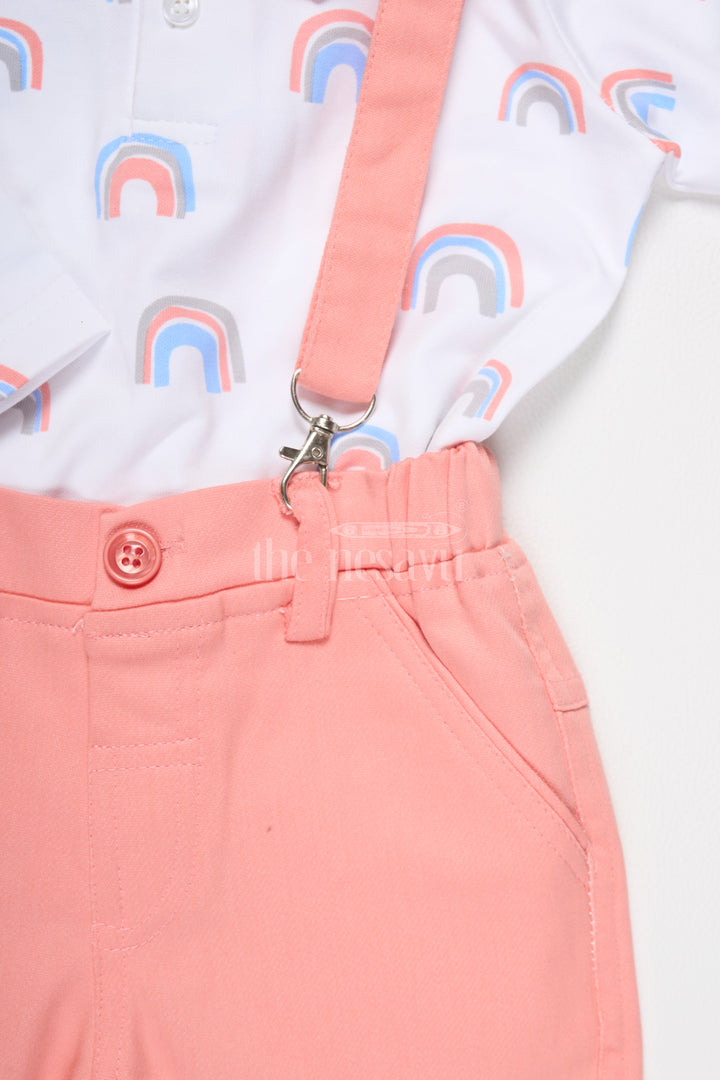 Boys Pink Trousers with Rainbow Print Shirt and Suspenders for Playful Semi-Formal Look