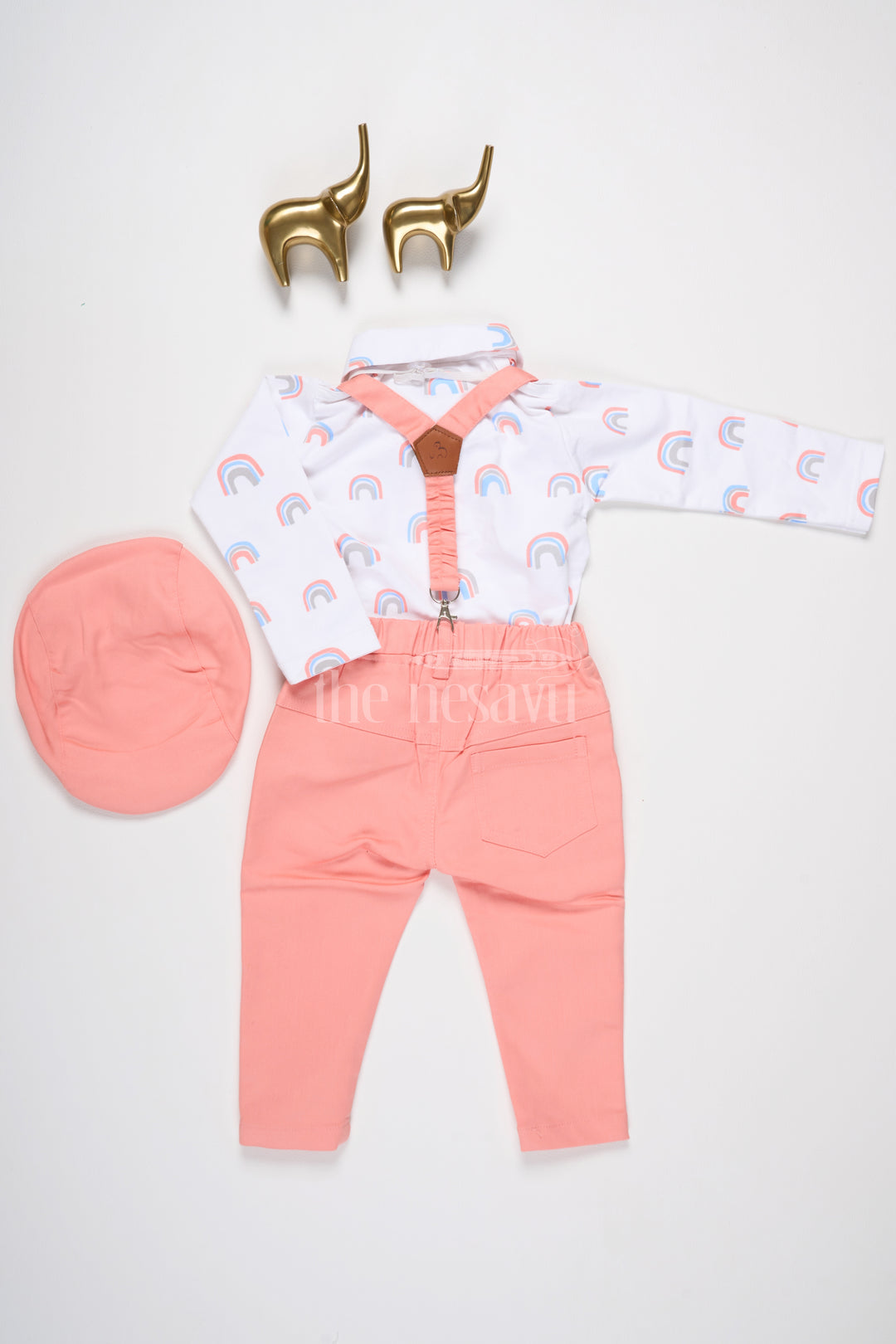 Boys Pink Trousers with Rainbow Print Shirt and Suspenders for Playful Semi-Formal Look